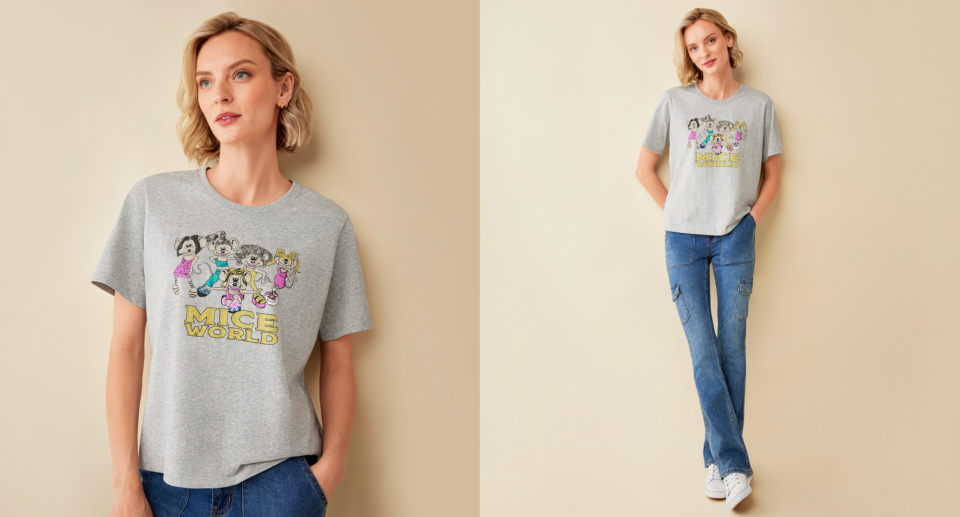 blonde model wearing grey mice world t-shirt and blue jeans, Northern Reflections just launched this limited edition Mice World T-shirt (photos via Northern Reflections).