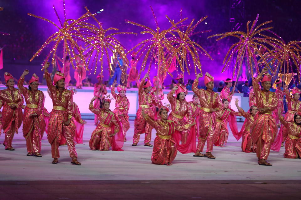 Performers from the People’s Association at a rehearsal of National Day Parade 2019, dressed in ethnic costumes performing traditional ethnic dances in Act 3, Our River. (PHOTO: NDP 2019 Exco)