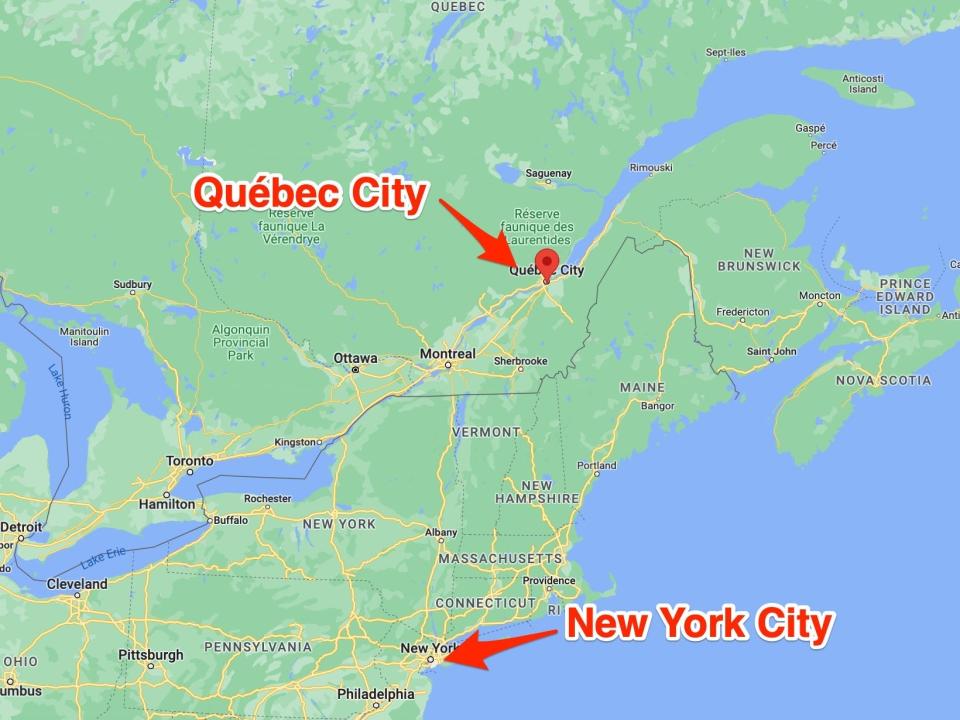 Arrows point to Québec City and New York City.