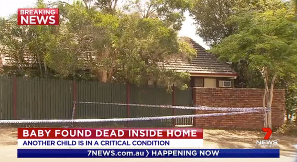 Police tape outside a home in Sunnybank Hills.