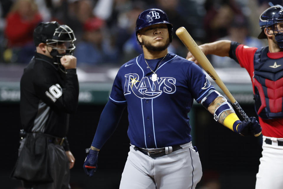 Tampa Bay Rays' Harold Ramirez reacts after striking out against Cleveland Guardians relief pitcher Trevor Stephan during the ninth inning of a baseball game Thursday, Sept. 29, 2022, in Cleveland. (AP Photo/Ron Schwane)