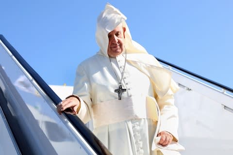 Pope Francis disembarks from the aircraft as he arrives at Dublin International Airport  - Credit: Maxwell Photography via Getty Images