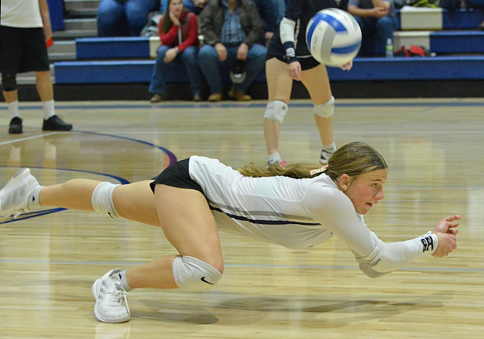 Great Plains Lutheran's Abby Kjenstad makes a diving attempt at a dig during a high school volleyball match against Sisseton on Tuesday, Oct. 24, 2023 in Watertown.