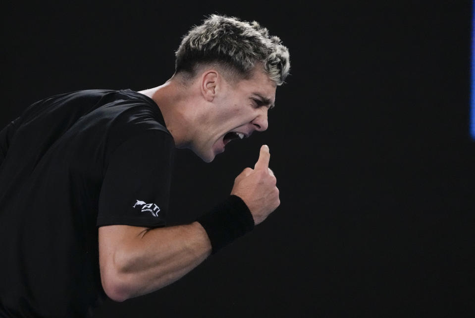 Thanasi Kokkinakis of Australia reacts after losing during his second round match against Andy Murray of Britain at the Australian Open tennis championship in Melbourne, Australia, Thursday, Jan. 19, 2023. (AP Photo/Ng Han Guan)