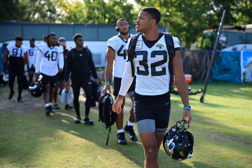 Jacksonville Jaguars cornerback Tyson Campbell (32) walks off the bus during day 4 of the Jaguars Training Camp Thursday, July 28, 2022 at the Knight Sports Complex at Episcopal School of Jacksonville. 