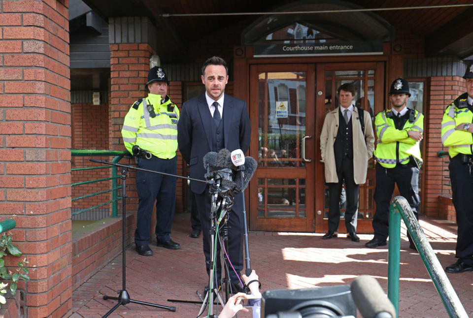 TV presenter Anthony McPartlin speaking outside The Court House in Wimbledon, London, after being fined &pound;86,000 at Wimbledon Magistrates' Court after admitting driving while more than twice the legal alcohol limit.