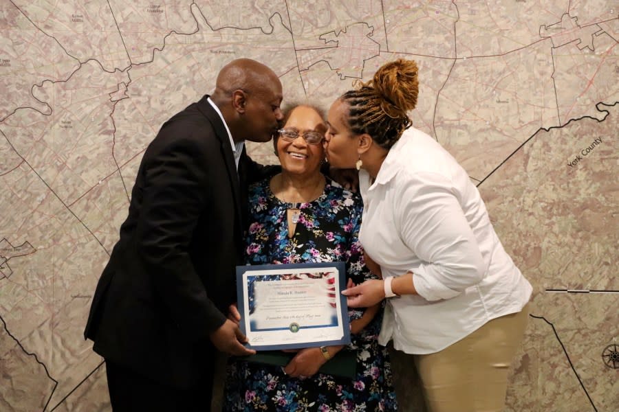 Cumberland County resident Wanda Hunter stands with her children at the Pennsylvania Voter Hall of Fame Induction on Tuesday, May 7. (Photo Courtesy Cumberland County)