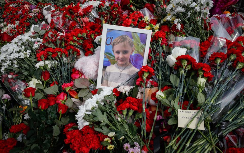 A floral tribute to a child victim of the Moscow terror attack