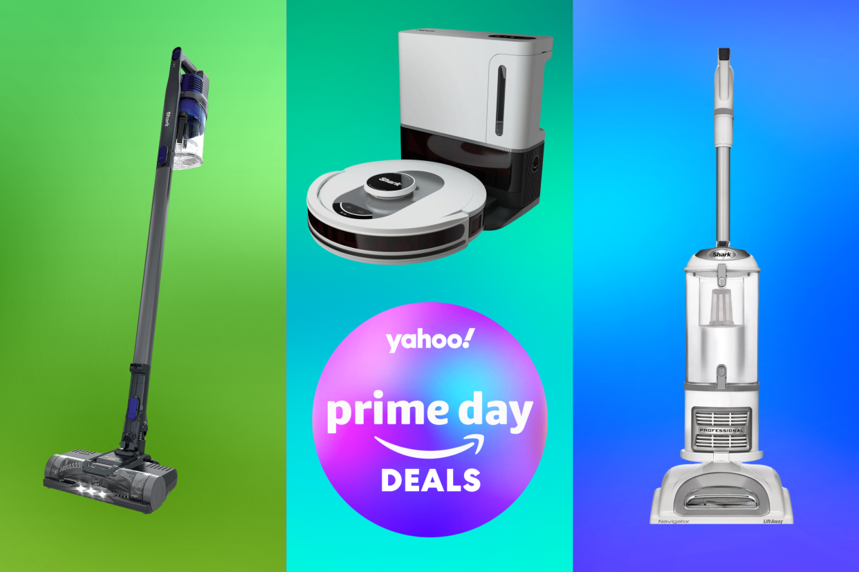 three Shark vacuums and a badge that reads: Yahoo! Prime Day Deals