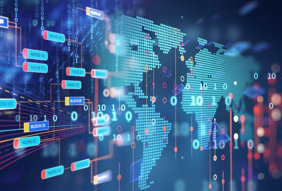 Blockchain nodes and binary code surrounding a digital outline of the continents.