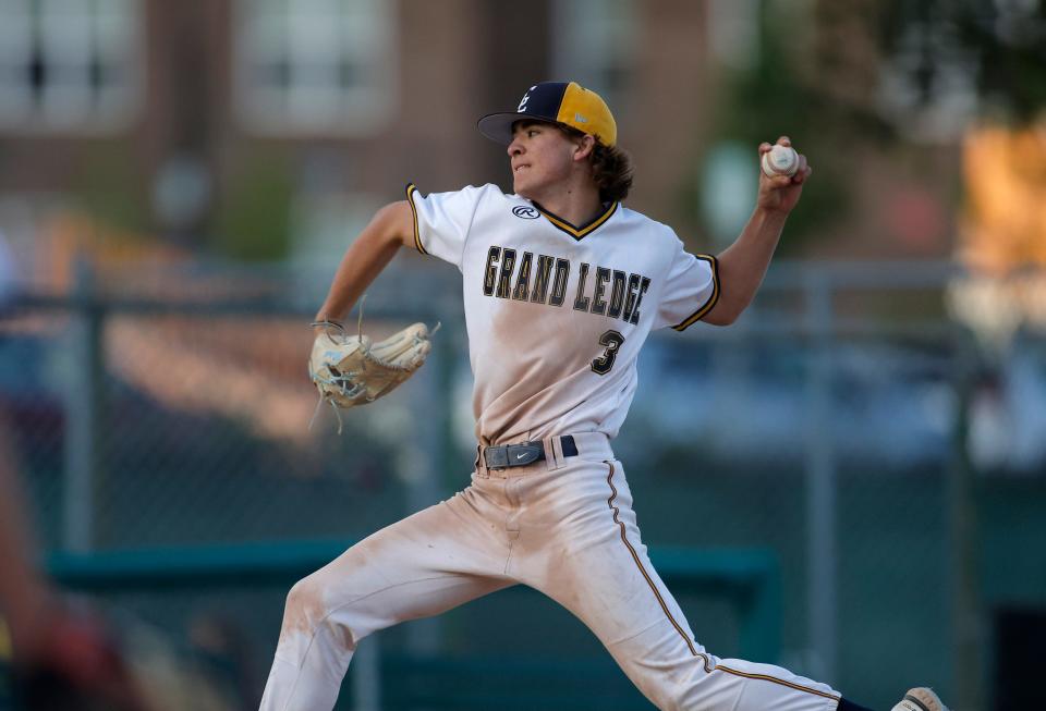 Grand Ledge's Carter Melnik pitches against Portland during the quarterfinals of the Diamond Classic, Thursday, May 25, 2023, at Kircher Municipal Park.