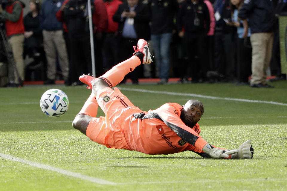 Los Angeles FC goalkeeper Kenneth Vermeer stops a shot a Inter Miami CF during the first half of an MLS soccer match Sunday, March 1, 2020, in Los Angeles. (AP Photo/Marcio Jose Sanchez)