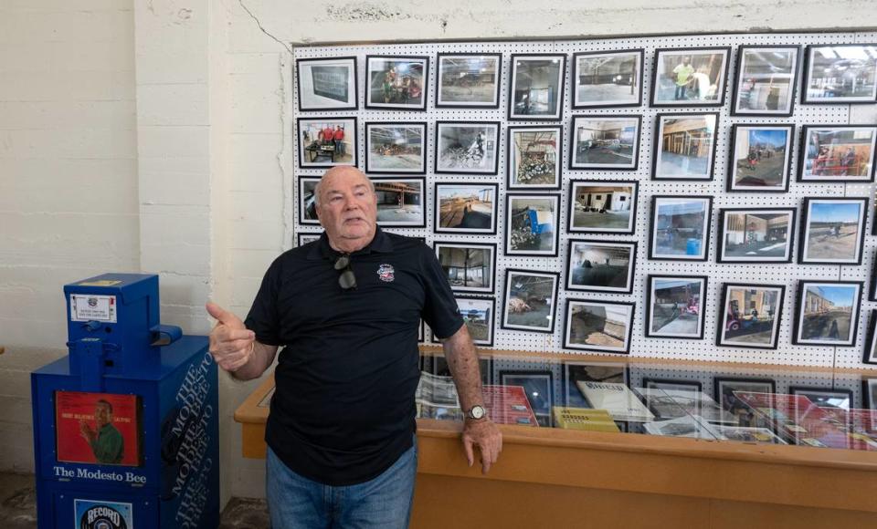 Graffiti USA Museum Executive Director and board member Cecil Russell stands by pictures documenting phase 1 construction at the Graffiti USA Museum in Modesto, Calif., Friday, May 17, 2024.