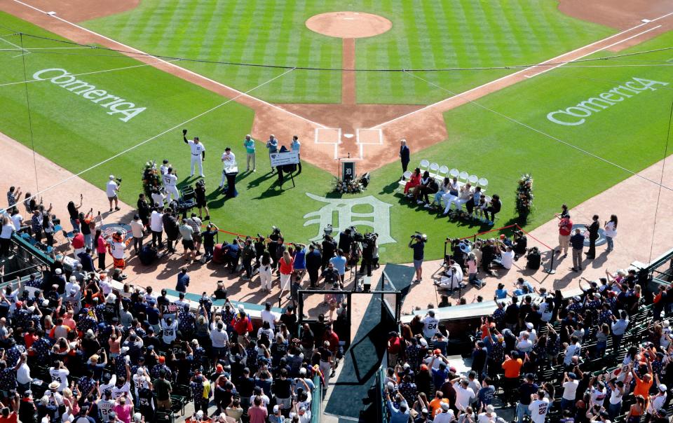 (Far left) Detroit Tigers great Miguel Cabrera acknowledges the applause of the crowd as he was introduced during the pregame ceremony honoring him in his next-to-last game before his team took on the Cleveland Guardians at Comerica Park in Detroit on Saturday, Sept. 30, 2023.