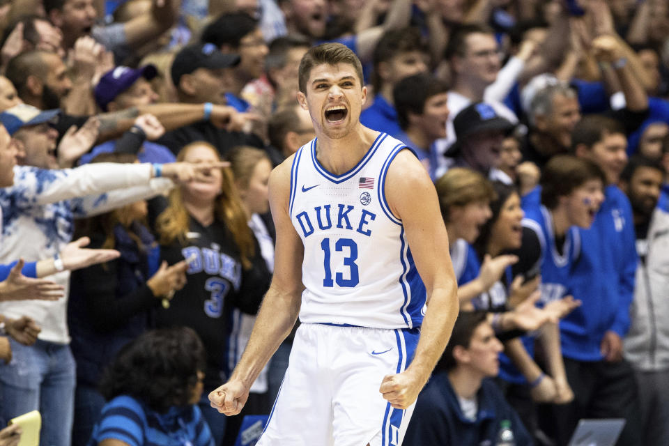 Duke's Joey Baker (13) reacts to a play during the second half of the team's NCAA college basketball game against Georgia State in Durham, N.C., Friday, Nov. 15, 2019. (AP Photo/Ben McKeown)