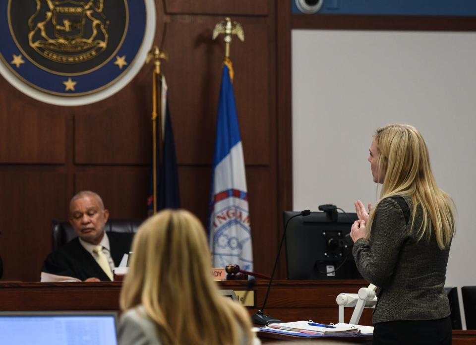 Assistant Ingham County Prosecutor Kristen Rolph addresses Judge Clinton Canady, III, Wednesday, May 17, 2023, during the Jessica Bice trial.