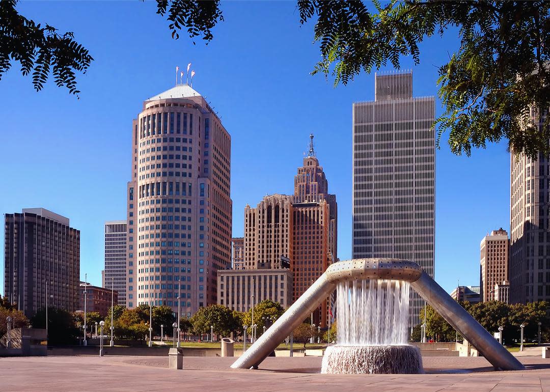 Park and skyscrapers in downtown Detroit.