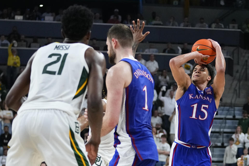 Kansas's Kevin McCullar Jr. (15) shoots against Baylor during the second half of an NCAA college basketball game, Saturday, March 2, 2024, in Waco, Texas. Baylor won 82-74. (AP Photo/Julio Cortez)