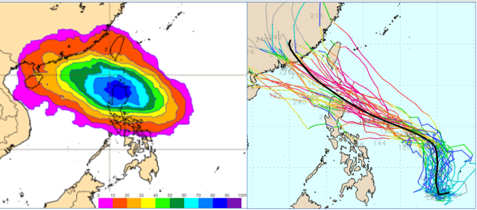歐洲系集模式模擬顯示，熱帶擾動的輕颱侵襲最大值，由菲律賓東方海面向西北前進，25日20時在呂宋島北部（左圖）、續朝廣東進行。美國系集模式模擬（右圖）則顯示，系集平均及各別成員，皆比歐洲模擬偏向台灣。翻攝網路