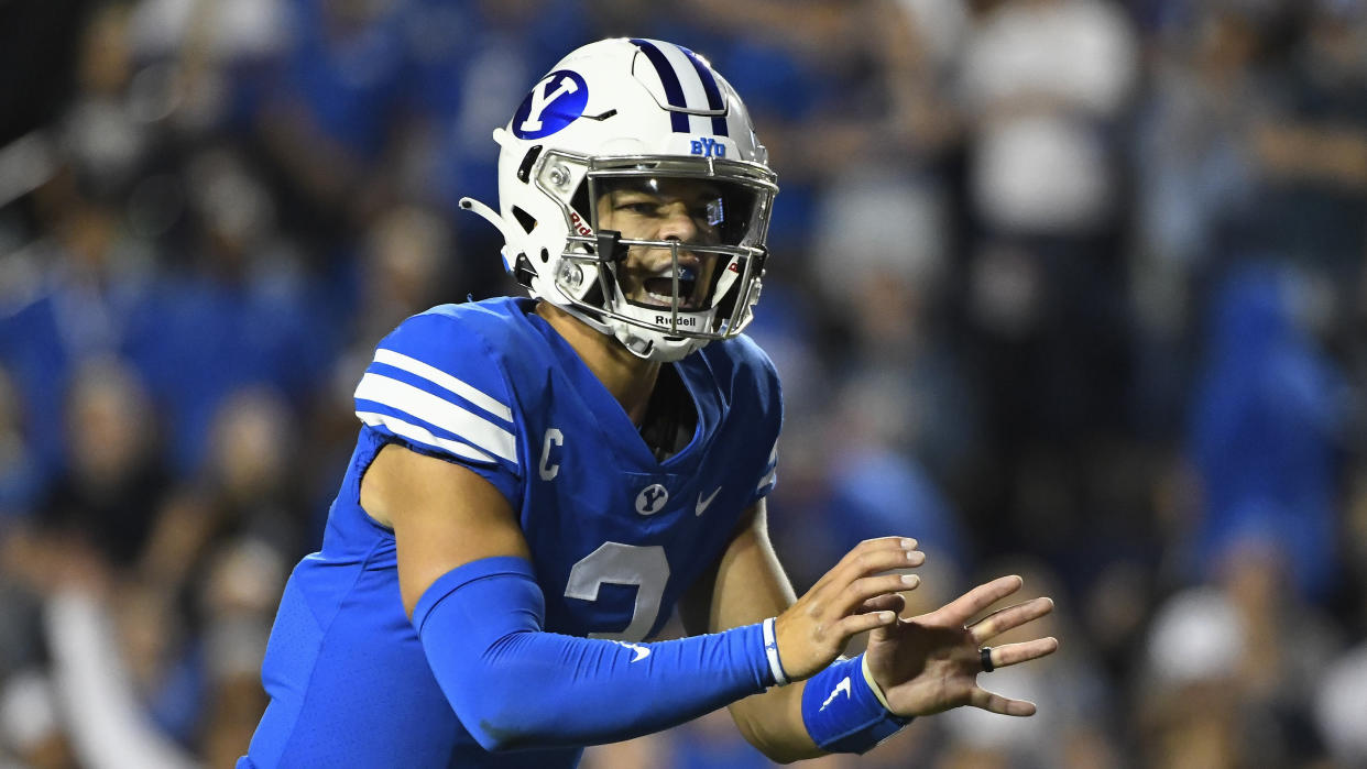 BYU quarterback Jaren Hall (3) is one of eight returning starters on the Cougars' offense this season. (AP Photo/Alex Goodlett)