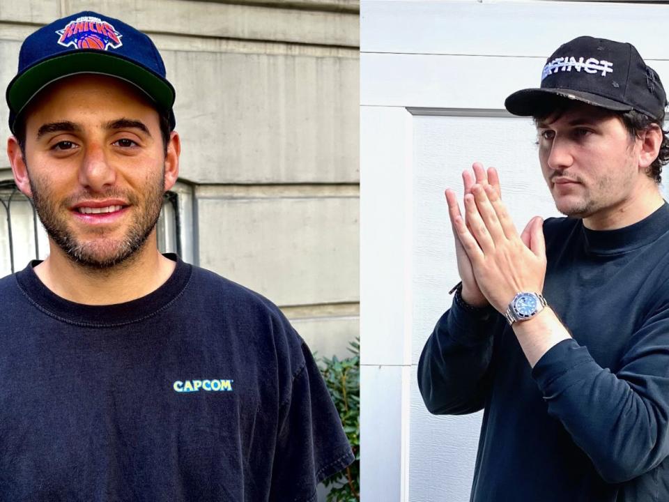 A composite image of Jake Aronow and Alexander Levenson with both wearing dark t-shirts and hats