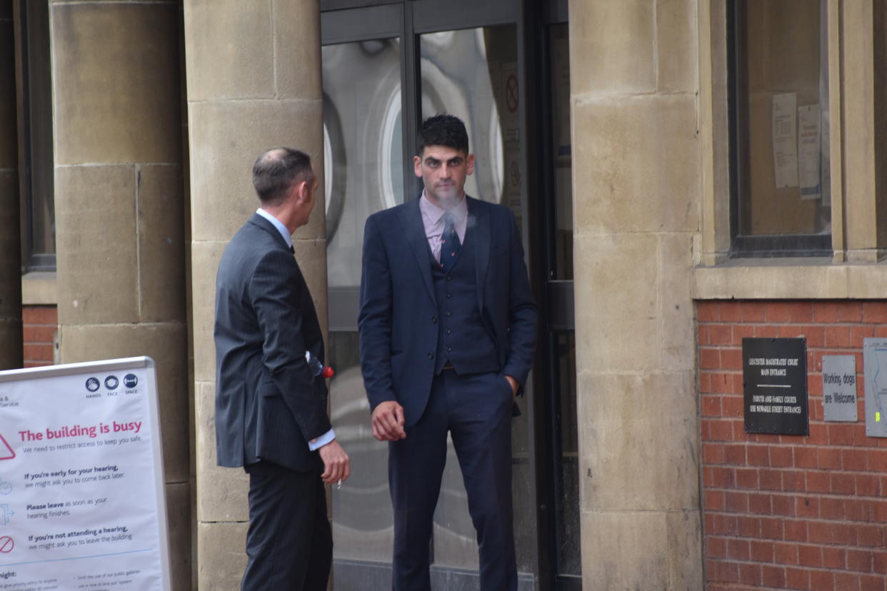 John Finnegan (left) and Rhys Matcham (right) outside Leicester Magistrates’ Court (Matthew Cooper/PA)