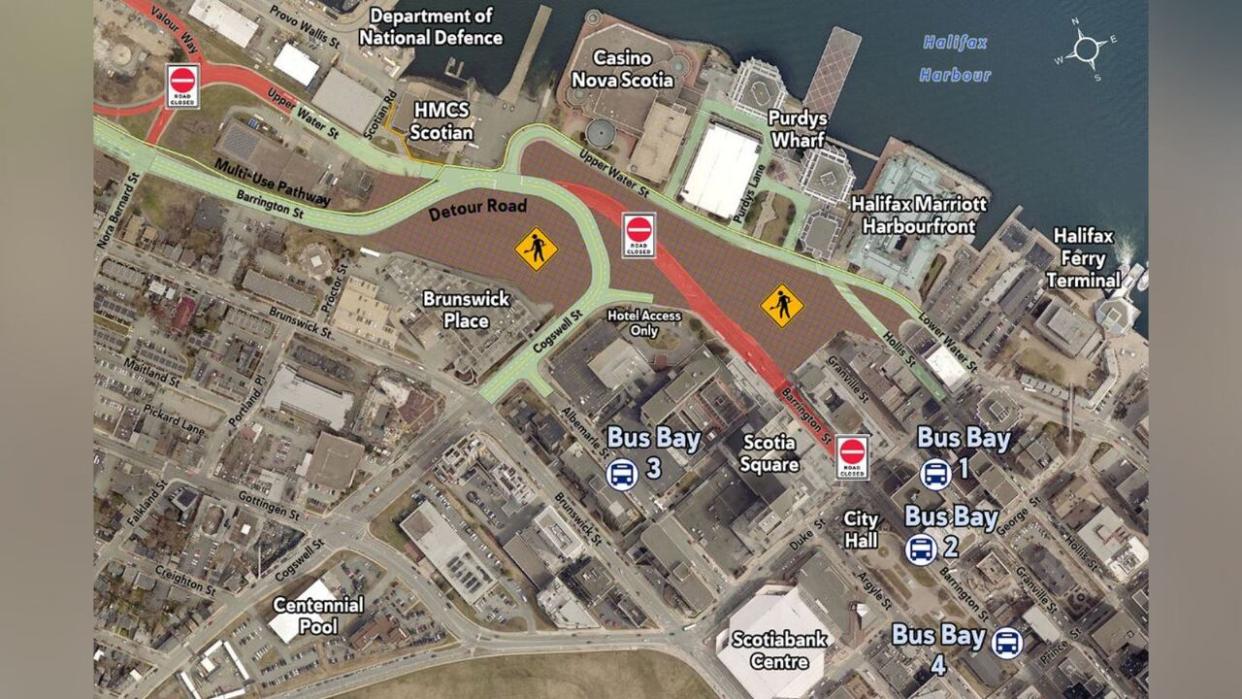 Barrington Street between Upper Water Street and Duke Street will be closed for approximately six months. In addition to the partial street closure, bus hubs around Scotia Square have also been temporarily relocated. (Halifax.ca - image credit)