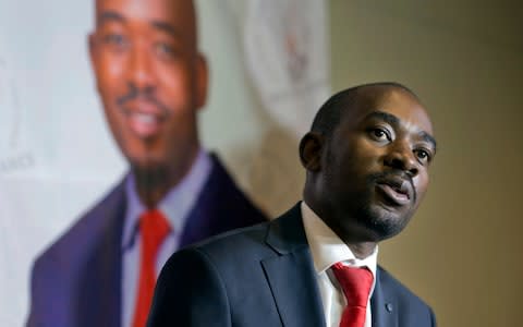 Zimbabwean's main opposition candidate Nelson Chamisa speaks at a news conference in Harare, Zimbabwe - Credit: AP