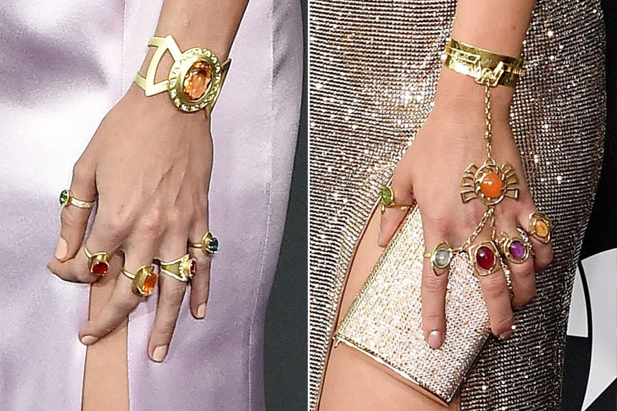 Brie Larson's Avengers-inspired jewelry (left) and Scarlett Johansson's gems (right). | Getty (2)