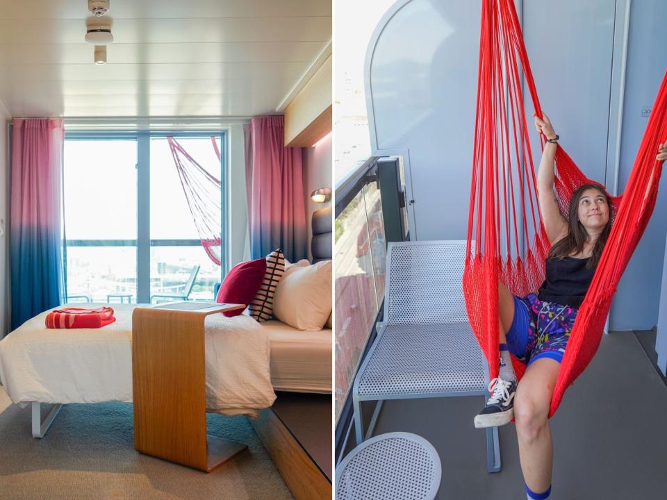 Left: A bed with a white comforter and a red throw blanket is in front of floor-to-ceiling windows, with red and blue sheer curtains. Right: the author in a black top and blue shorts relaxes in a red hammock