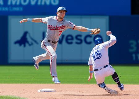 Jun 17, 2018; Toronto, Ontario, CAN; Toronto Blue Jays left fielder Randal Grichuk (15) steals second base against Washington Nationals shortstop Trea Turner (7) during the seventh inning at Rogers Centre. Mandatory Credit: Kevin Sousa-USA TODAY Sports