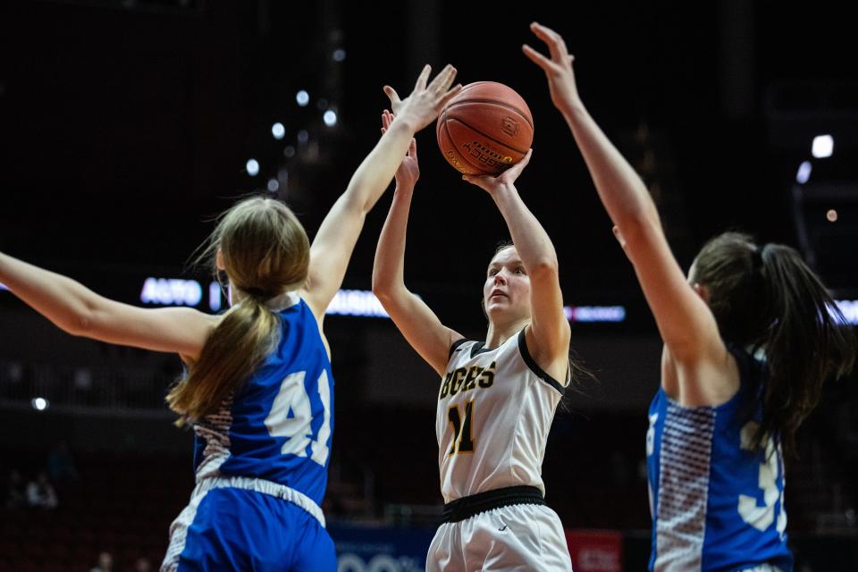 Bishop Garrigan's Molly Joyce (11) shoots the ball during the Class 1A Iowa girls state basketball championship between Newell-Fonda and Bishop Garrigan, on Saturday, March 4, 2023, at Wells Fargo Arena in Des Moines.