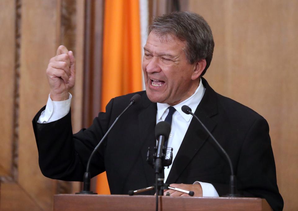 Westchester County Executive George Latimer presents his State of the county speech at the Board of Legislators chambers in White Plains March 12, 2024.