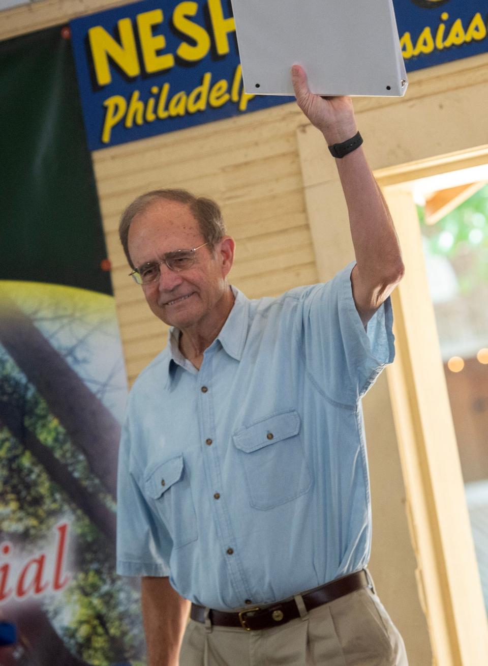 Republican incumbent Delbert Hosemann, greets the crowd before addressing the crowd in the pavilion in Founders Square at the Neshoba County Fair in Philadelphia Wednesday, July 16, 2023. Hosemann is running against State Sen. Chris McDaniel for the Republican nomination.