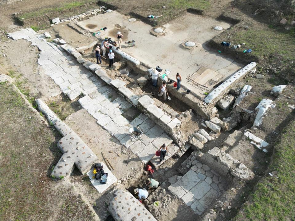 Drone view of the excavation of the two footpaths lining the street separating the basilica (top) from the theater (bottom) at Interamna Lirenas (Alessandro Launaro)