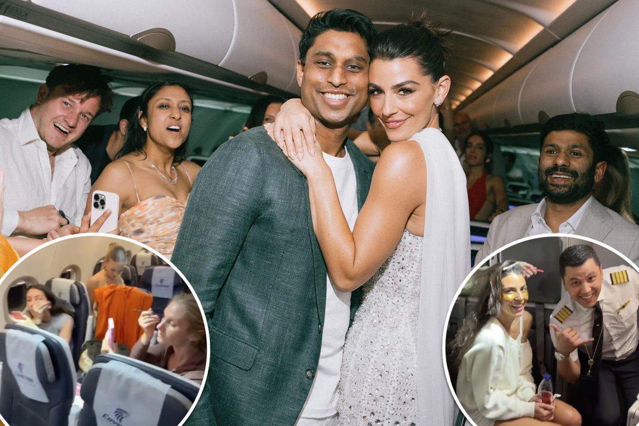 (Main) New York City newlywed Erika Hammond, 33, founder of KNOCKOUT and her groom Ankur Jain, 34, Bilt Rewards CEO. (Inset left) Hammond and Jain's guests getting ready for her pre-wedding party on an airplane. (Inset Right) Hammond getting glammed up before her pre-wedding party.
