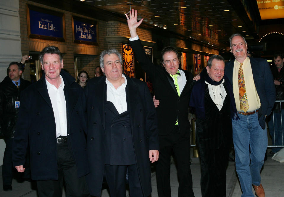 NEW YORK - MARCH 17:  The original members of Monty Python Michael Palin, Terry Jones, Eric Idle, Terry Gilliam and John Cleese attend the opening night of 'Monty Python's Spamalot' at the Shubert Theatre March 17, 2005 in New York City. (Photo by Evan Agostini/Getty Images)