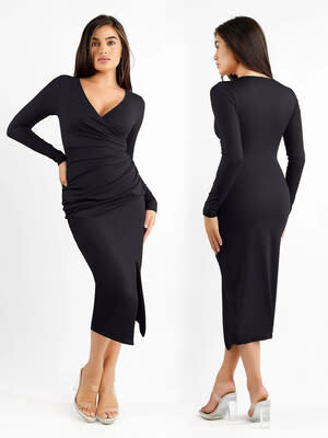 Popilush Built In Shapewear Off Shoulder Long Sleeve Midi Dress