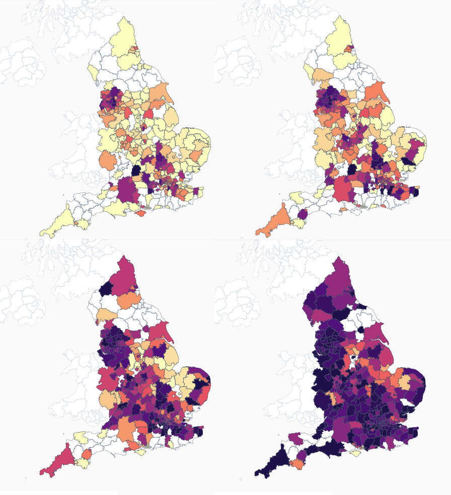 The four maps, from top left (15 May), top right (22 May), bottom left (29 May) and bottom right (5 June), show how the Delta variant has become the dominant strain. (Wellcome Sanger Institute)