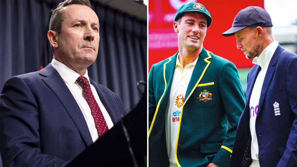 Pictured left, Western Australian Premier Mark McGowan alongside Pat Cummins and Joe Root.