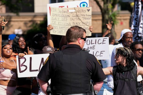 PHOTO: Demonstrators standoff with Akron Sheriff's officers outside Akron City Hall as they protest the killing of Jayland Walker, shot by police, in Akron, Ohio, July 3, 2022. (Matthew Hatcher/AFP via Getty Images)