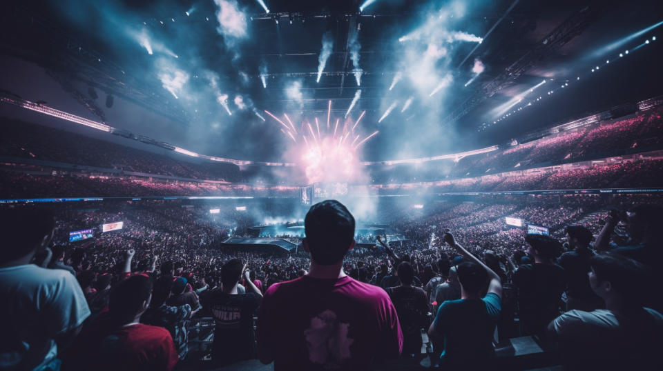 A crowded stadium of esports fans cheering in excitement as they watch the tournament.