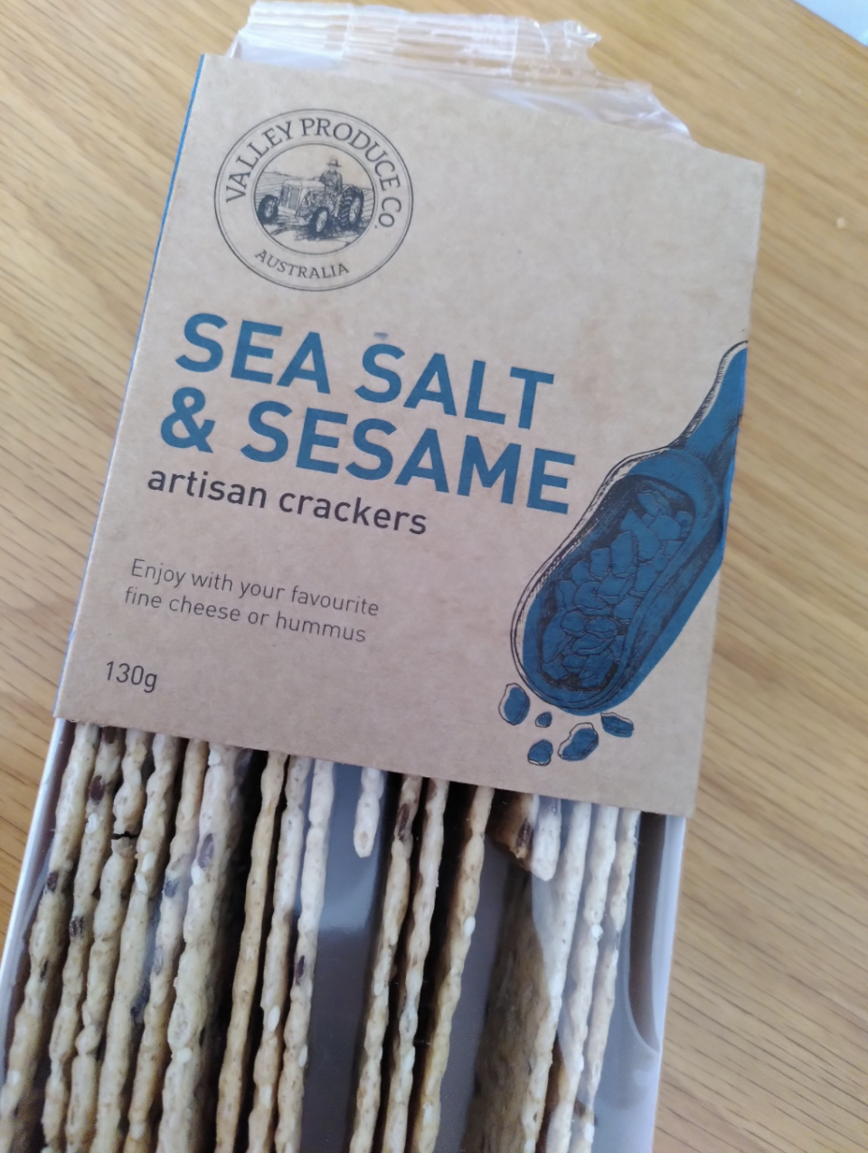 Pack of sea salt and sesame crackers pictured.