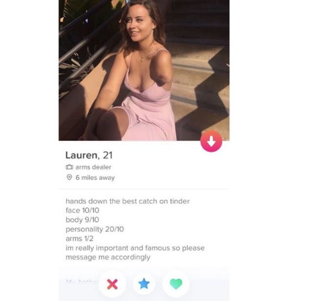 Lauren's Tinder profile has gone viral. Source: Tinder