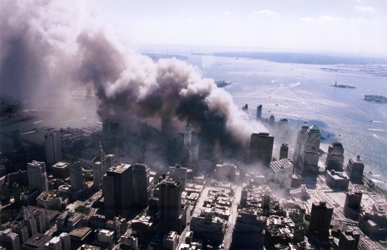 An aerial view of ground zero burning after the September 11 terrorist attacks. (Photo Credit: NIST)