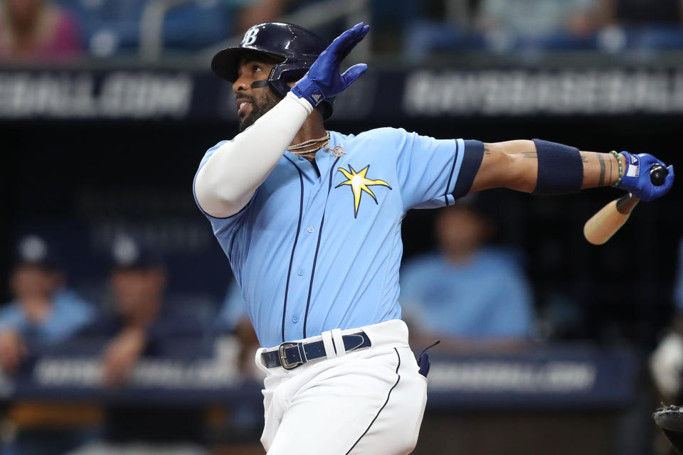 Yandy Díaz got the Rays on the board in the bottom of the first inning. (Photo by Cliff Welch/Icon Sportswire via Getty Images)