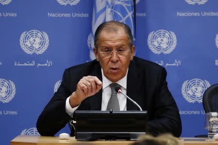 Russian Foreign Minister Sergei Lavrov takes part in a news conference at United Nations Headquarters in New York, U.S., September 23, 2016. REUTERS/Lucas Jackson