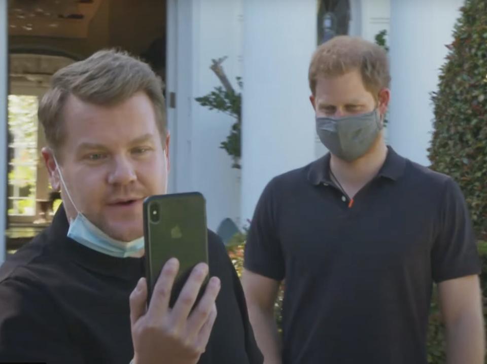 James Corden and Prince Harry outside the home where The Fresh Prince of Bel-Air is ste