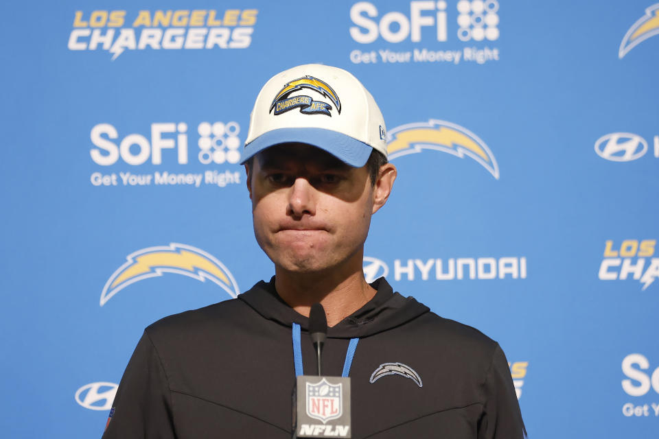 Los Angeles Chargers head coach Brandon Staley speaks at a news conference after his team's NFL football game against the San Francisco 49ers in Santa Clara, Calif., Sunday, Nov. 13, 2022. (AP Photo/Jed Jacobsohn)