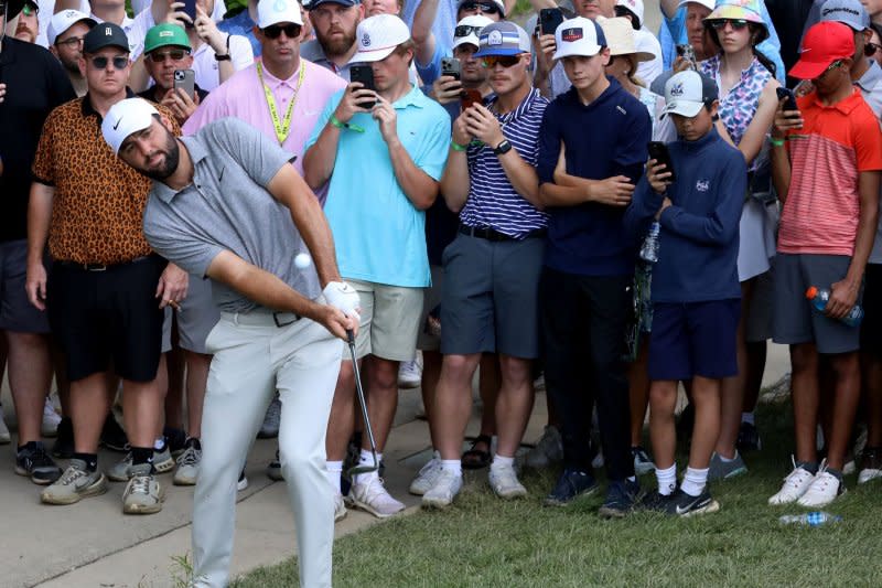 Scottie Scheffler hits a shot during the third round of the 2024 PGA Championship on Saturday at Valhalla Golf Club in Louisville, Ky. Photo by John Sommers II/UPI